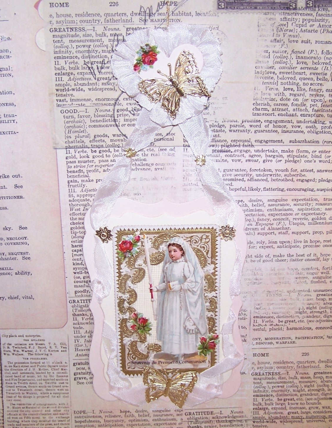 French Napoleon III Revival Souvenir of Premiere Communion. Mixed materials combined to create this OOAK ornament for a young girl's special day. 9" x 3-1/2".