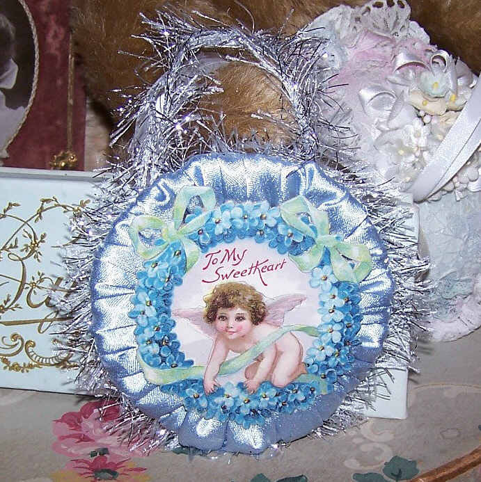 Mixed Media Valentines Day card or holiday ornament! In blue, the Antique Victorian image is of Cupid - the sentiment TO MY SWEETHEART. One of a Kind.