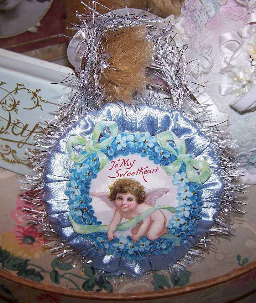 Upcycled Victorian Die Cut Ornament - Cupid with Blue Forget Me Nots