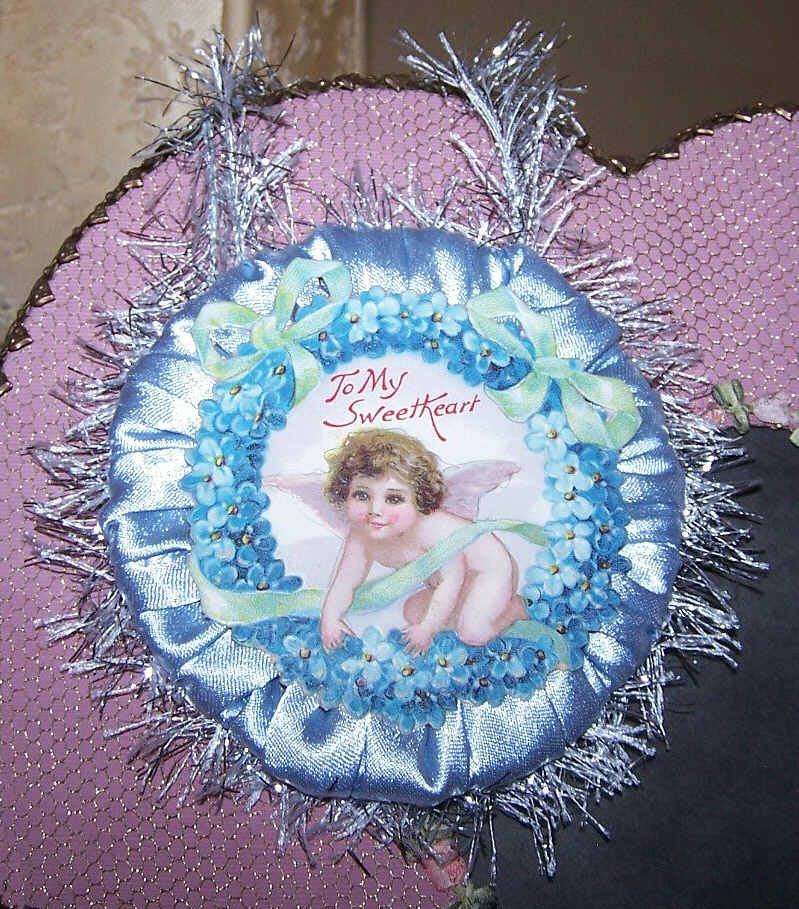 Upcycled Victorian Die Cut Ornament - Cupid with Blue Forget Me Nots