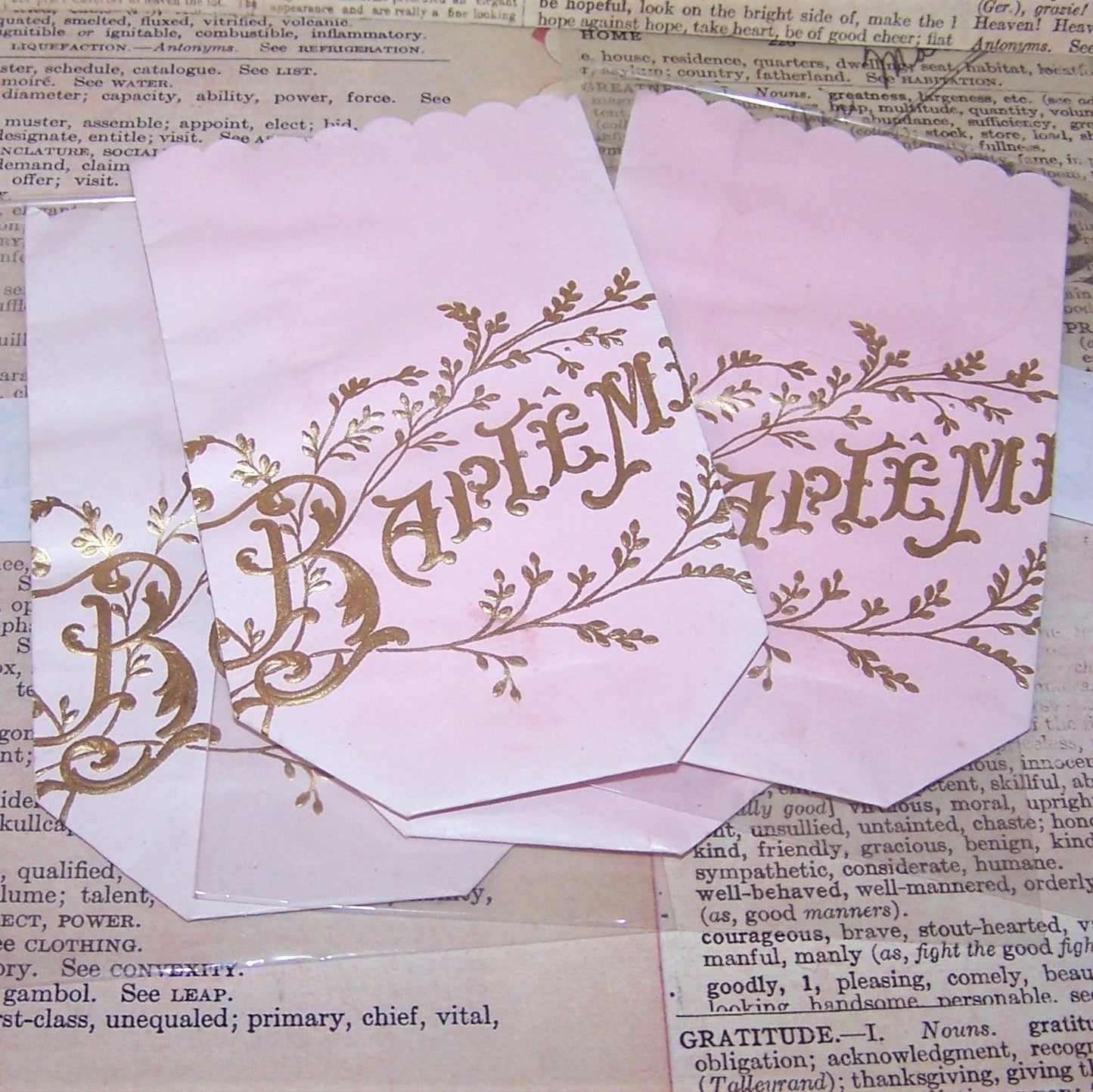 Antique Made in France paper candy bags made for the Baptism of a baby girl. Embossed gold fronts reading BAPTEME with leafy flourishes. Perfect for crafting.