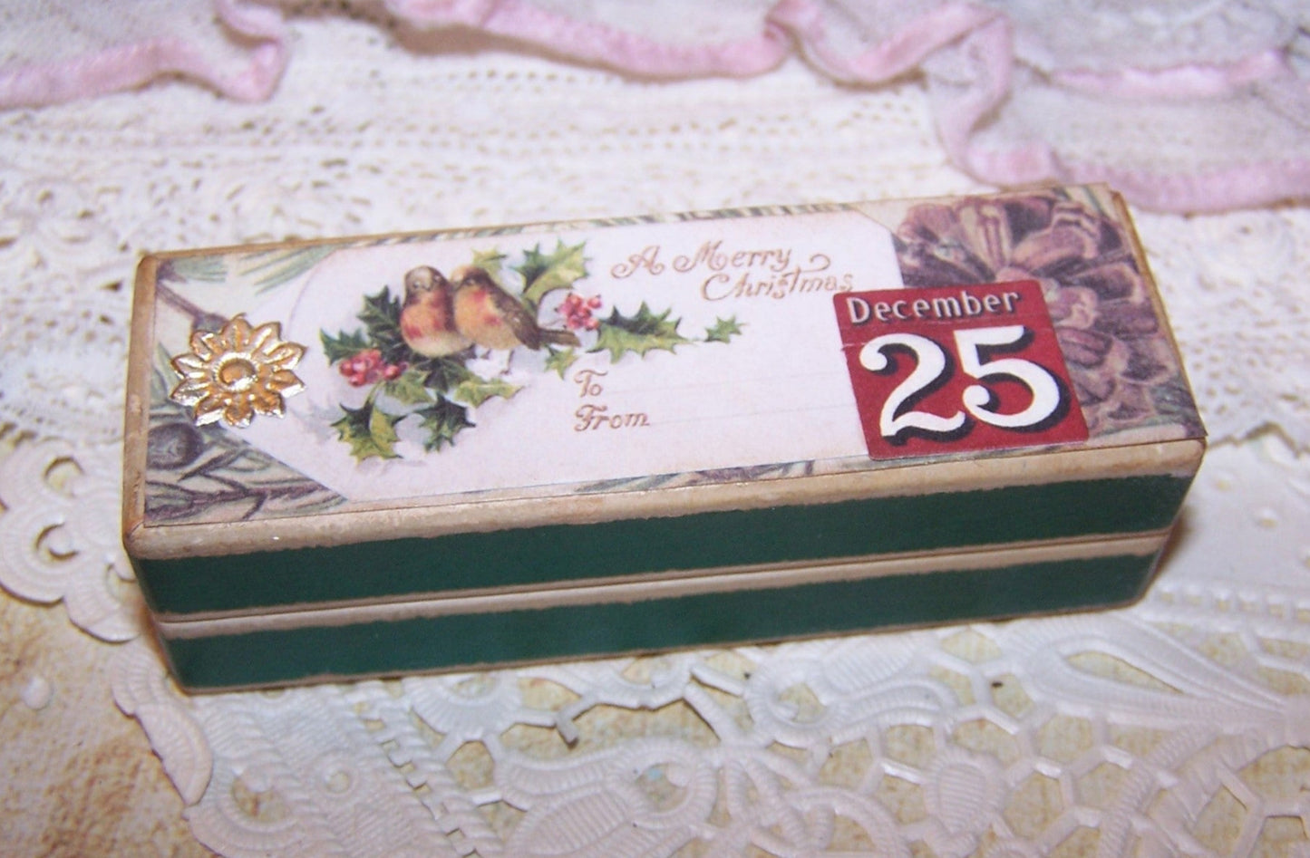 Upcycled Merry Christmas Special December 25th themed French pharmacy box. 3-1/8" x 1" x 7/8" deep approx. Shabby chic appearance. ONE OF A KIND!