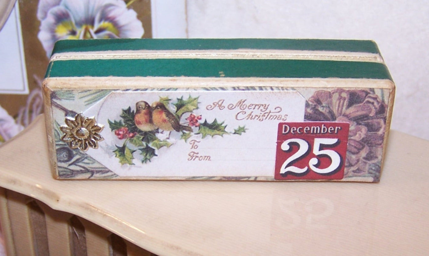 Upcycled Merry Christmas Special December 25th themed French pharmacy box. 3-1/8" x 1" x 7/8" deep approx. Shabby chic appearance. ONE OF A KIND!