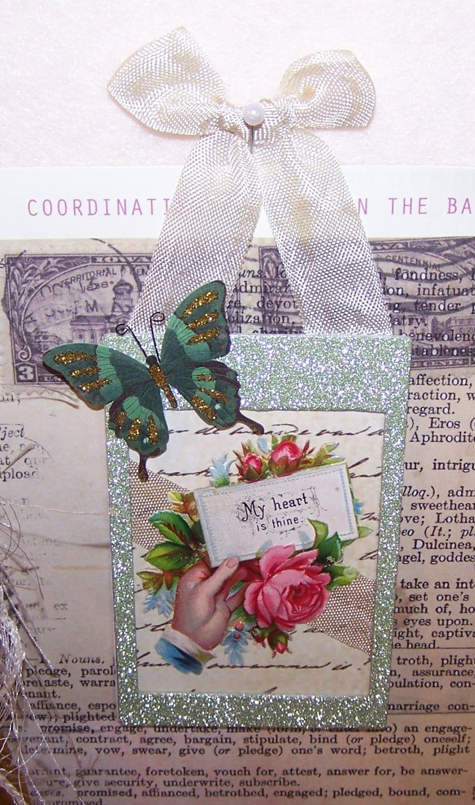 OOAK handcrafted ornament for Valentine's Day or any other occasion where the sentiment is MY HEART IS THINE. Victorian die cut of hand holds Pink Roses.