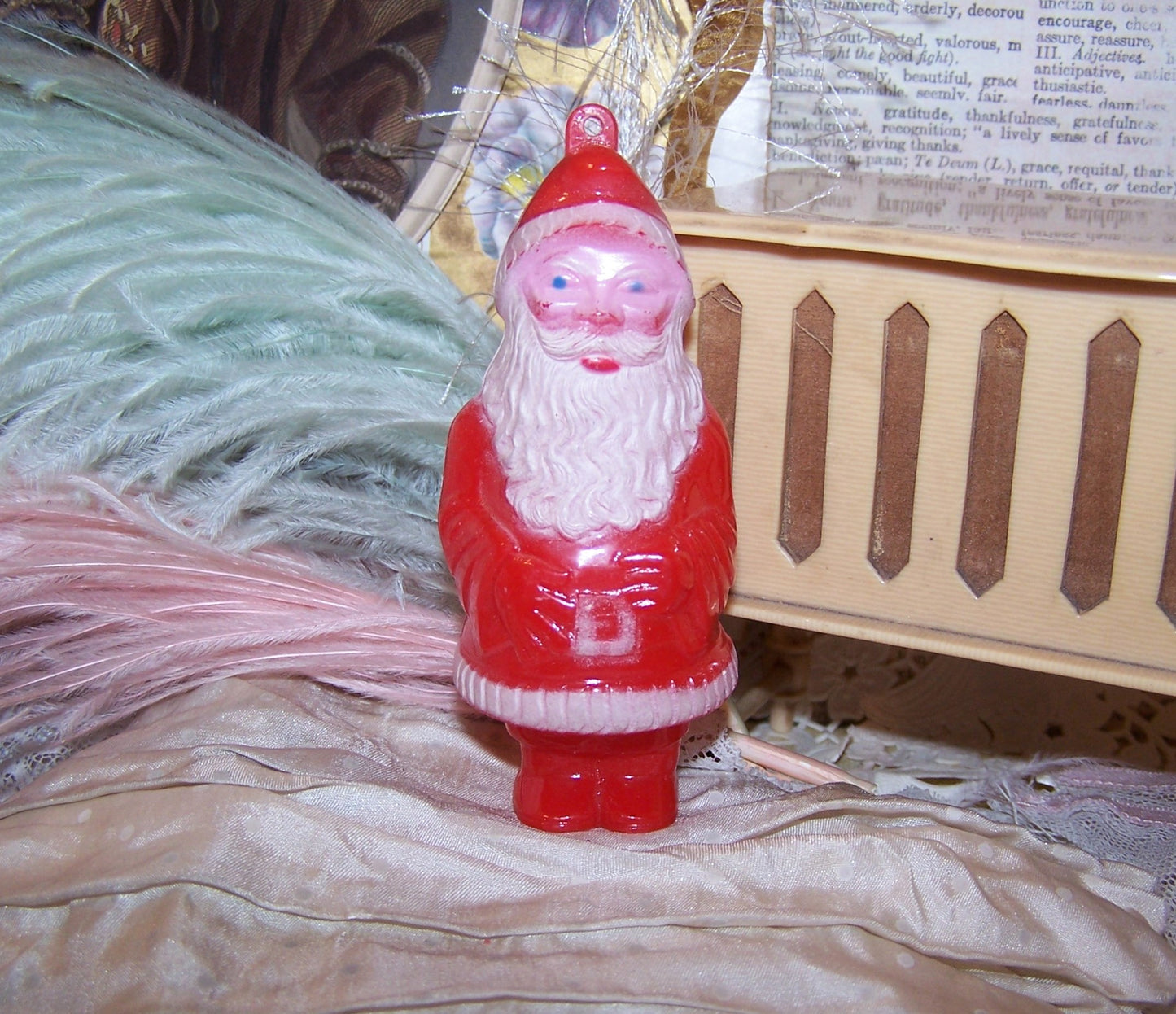 Vintage Red/White Hard Plastic Santa Claus Christmas Ornament