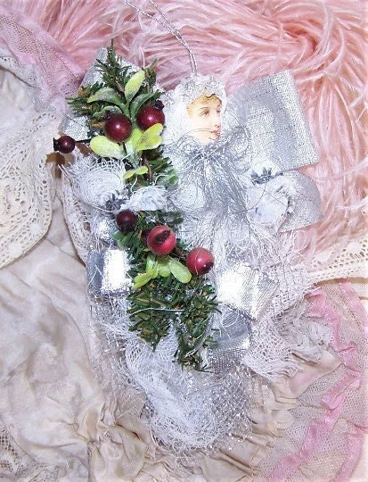Mixed media "all occasion" ornament designed as a Guardian Angel. Colors are white, burgundy, green and silver. 6" high x 4-1/2". One of a Kind!