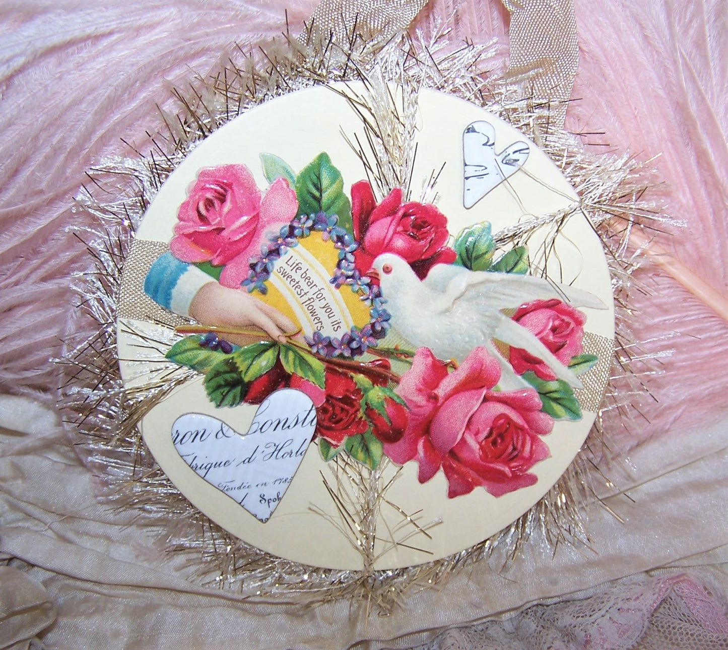 Mixed Media Gift Card or Package Decoration | Dove Ornament - LIFE BEAR SWEET FLOWERS