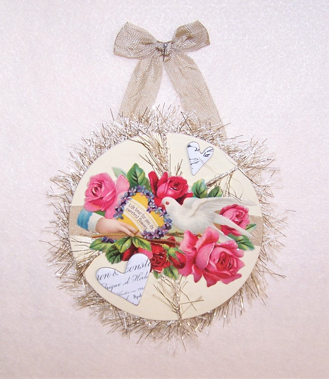 Mixed Media Gift Card or Package Decoration | Dove Ornament - LIFE BEAR SWEET FLOWERS