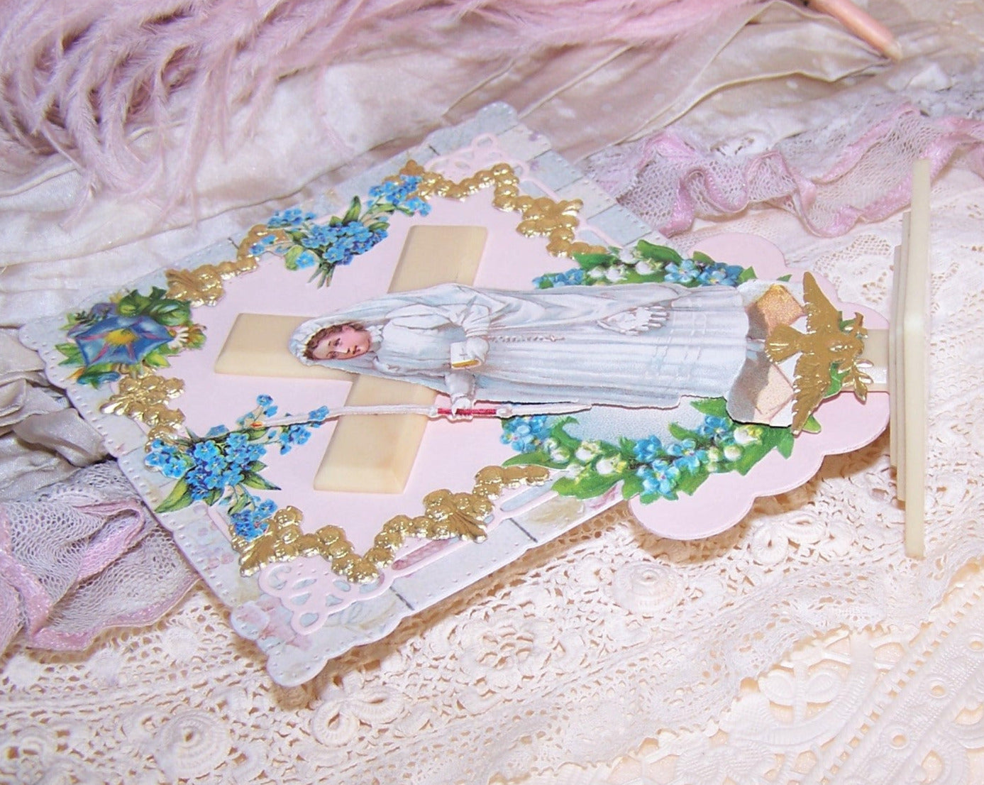 Mixed Media First Communion Collage - Art Deco Celluloid Cross