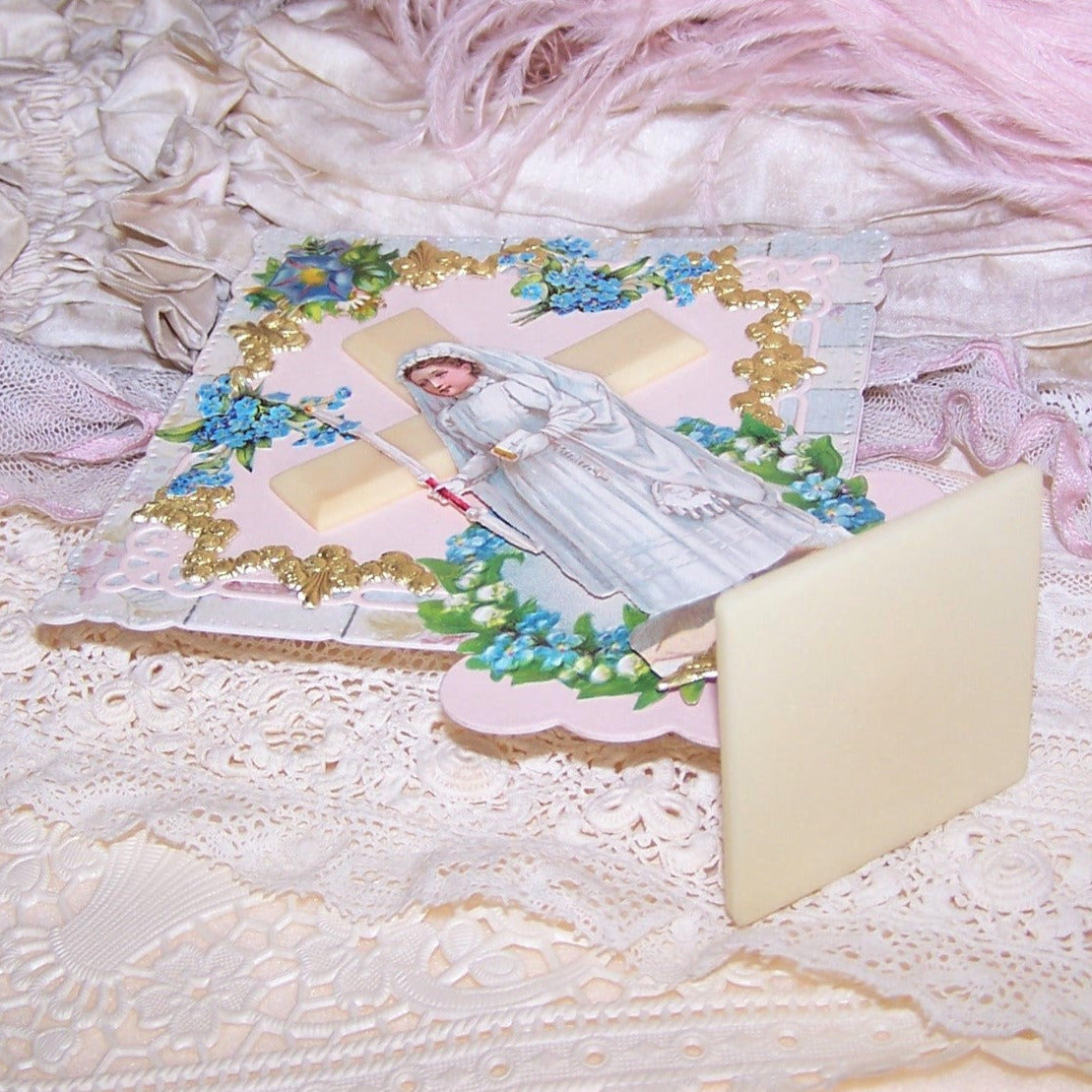 Mixed Media First Communion Collage - Art Deco Celluloid Cross