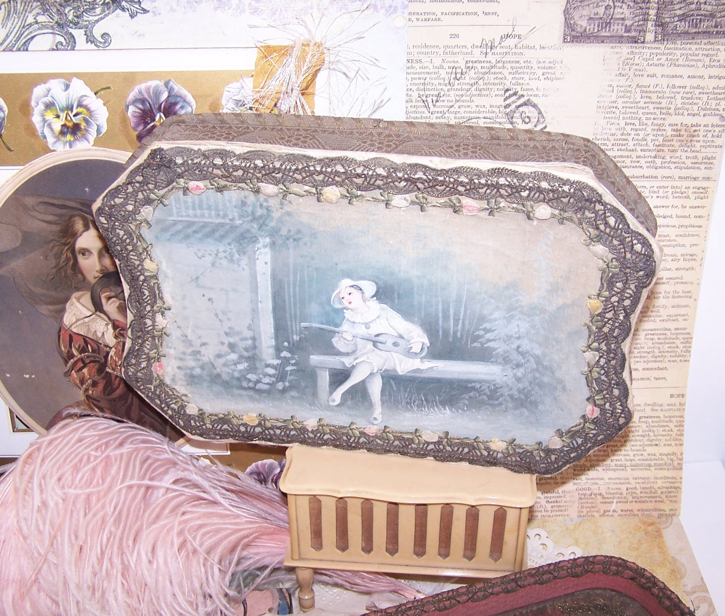 Antique French Candy Box - Handpainted Pierrot and Rococo Ribbon Roses Trim