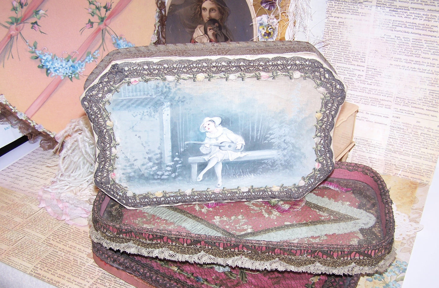 Antique French Candy Box - Handpainted Pierrot and Rococo Ribbon Roses Trim