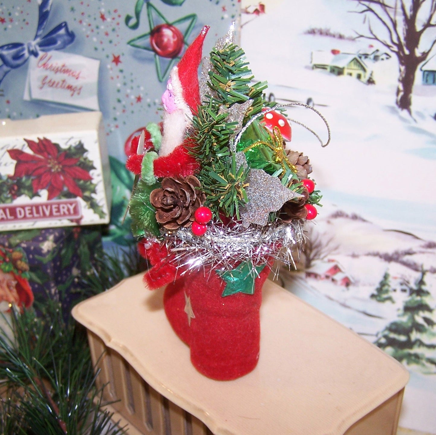 OOAK Mixed Media Christmas Ornament | Santa Claus on a Boot