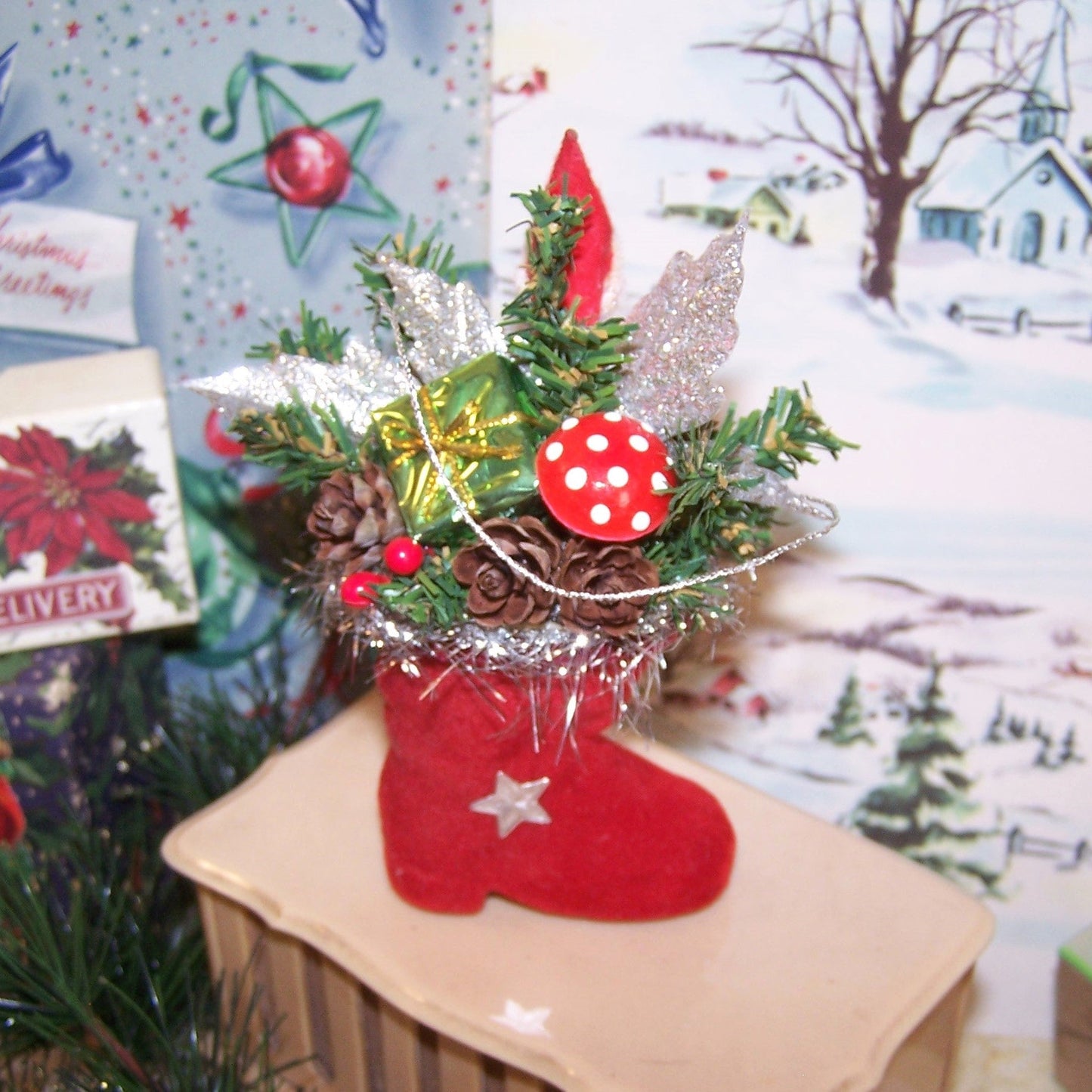 OOAK Mixed Media Christmas Ornament | Santa Claus on a Boot