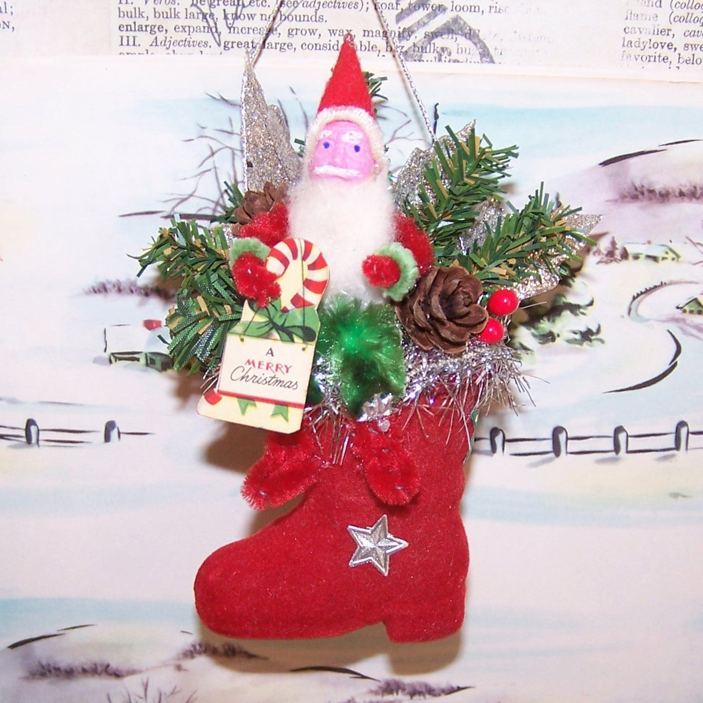 OOAK Mixed Media Christmas Ornament | Santa Claus on a Boot