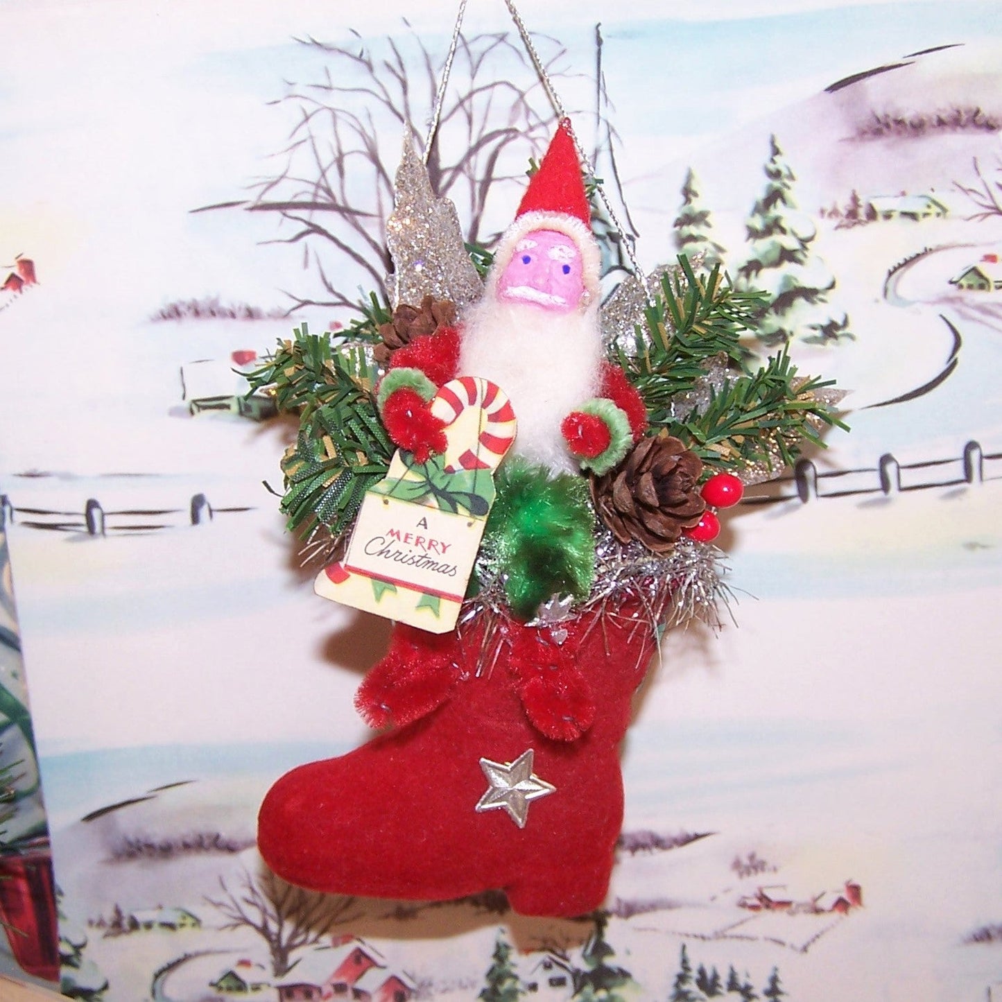 OOAK Mixed Media Christmas Ornament | Santa Claus on a Boot