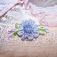 French Revival Ribbonwork Rose - Blue Satin Green Leaves and Sugar Pips