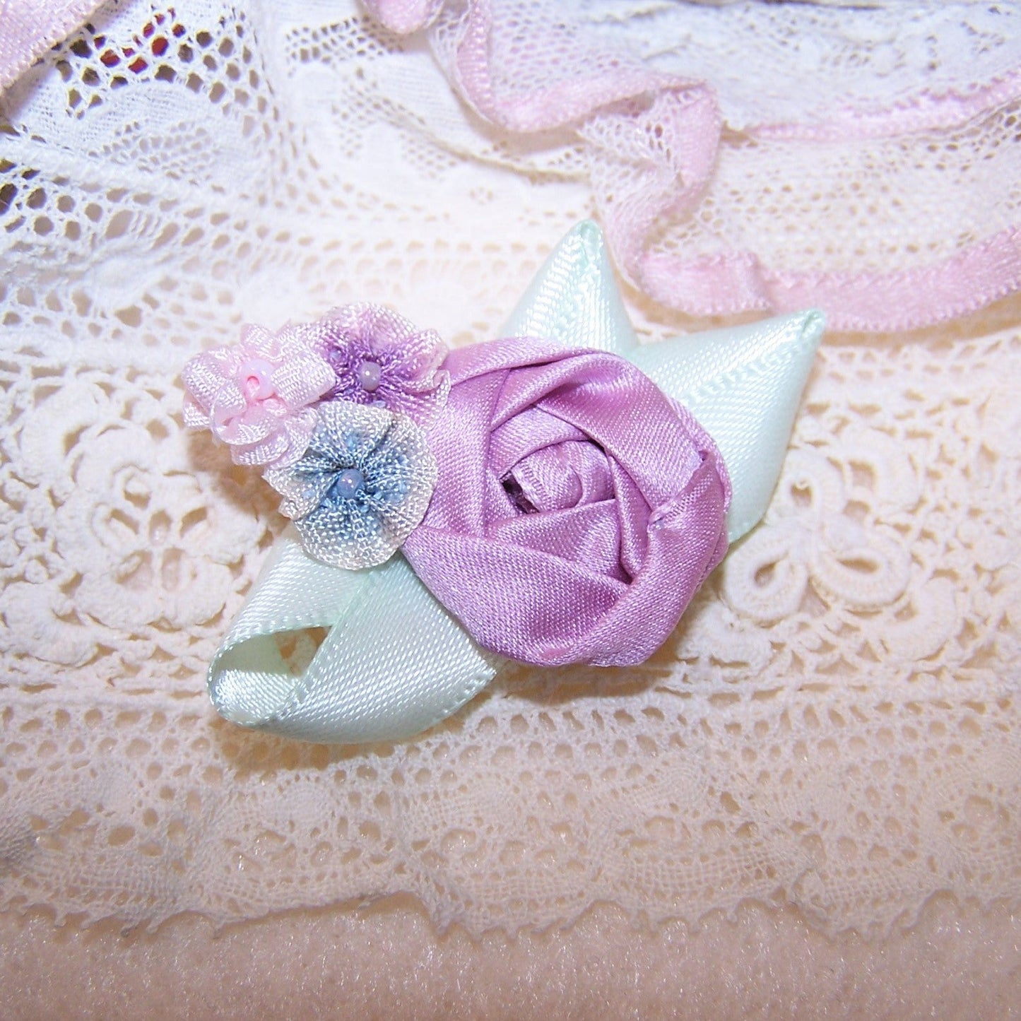 French Revival Ribbonwork Spray - Mauve Cabbage Rose with Pink Blue Purple Accents
