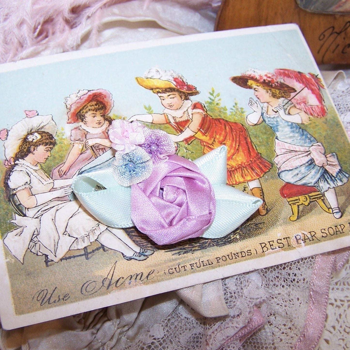 French Revival Ribbonwork Spray - Mauve Cabbage Rose with Pink Blue Purple Accents