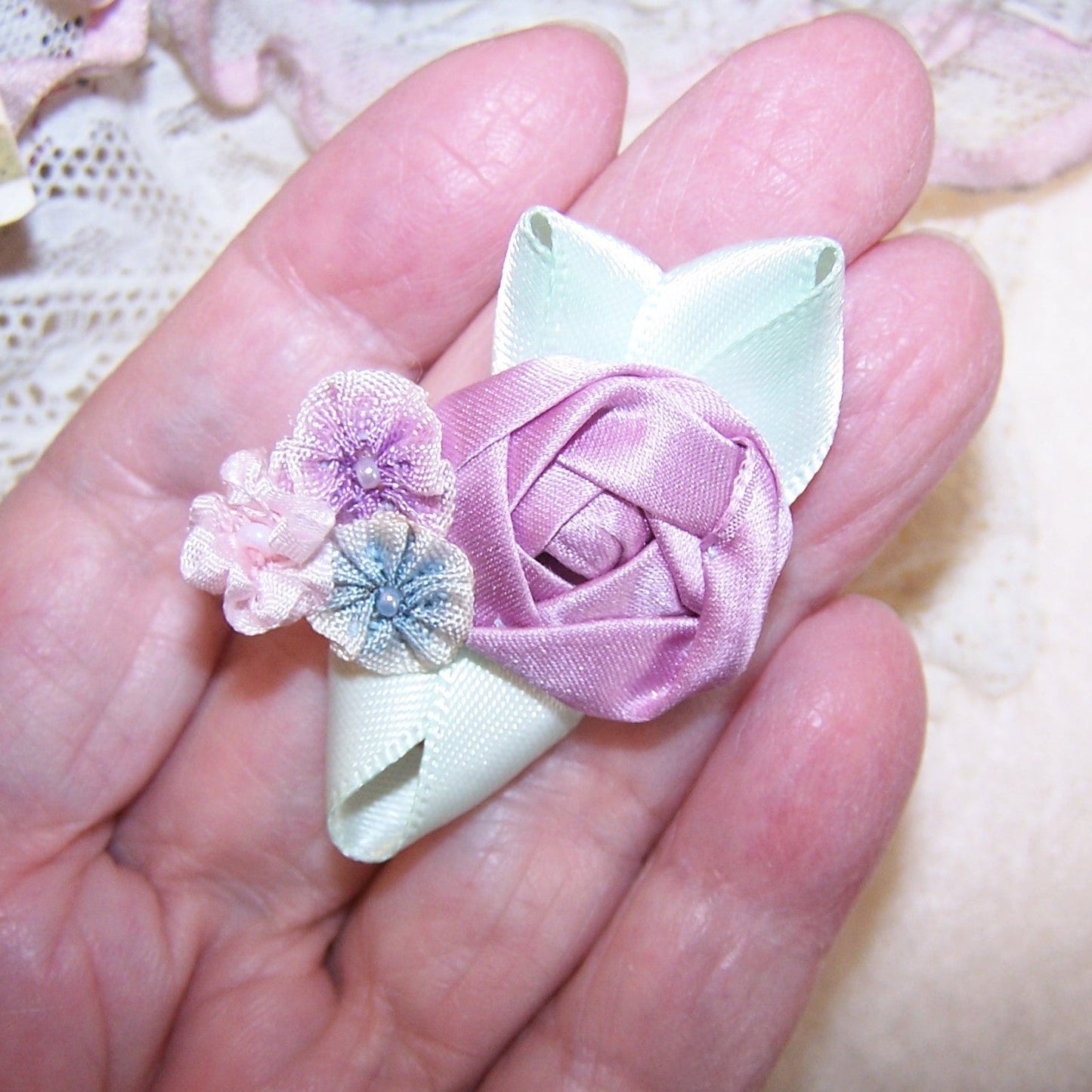 French Revival Ribbonwork Spray - Mauve Cabbage Rose with Pink Blue Purple Accents