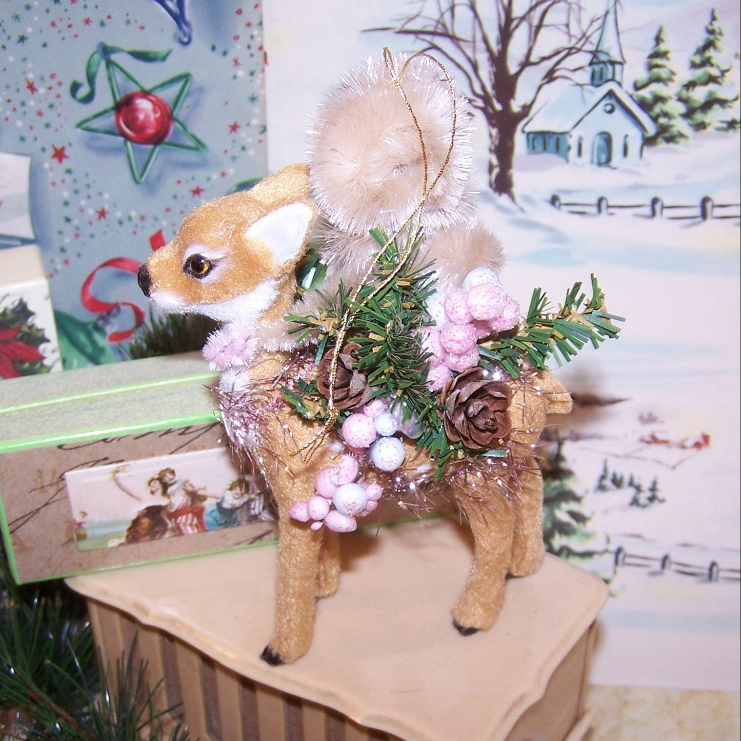 OOAK Chenille Christmas Ornament | Little Girl Sitting on Reindeer - Good Wishes