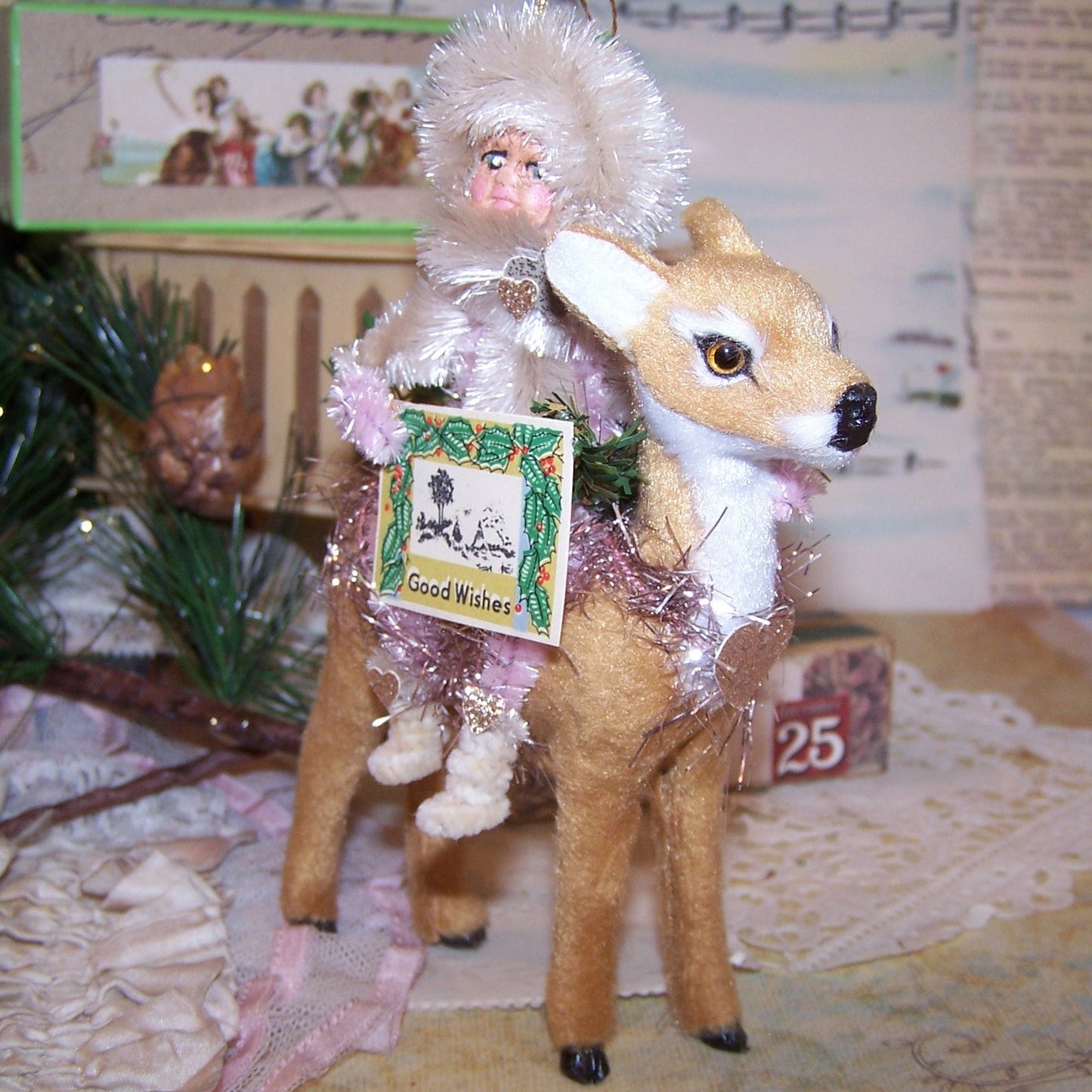 OOAK Chenille Christmas Ornament | Little Girl Sitting on Reindeer - Good Wishes