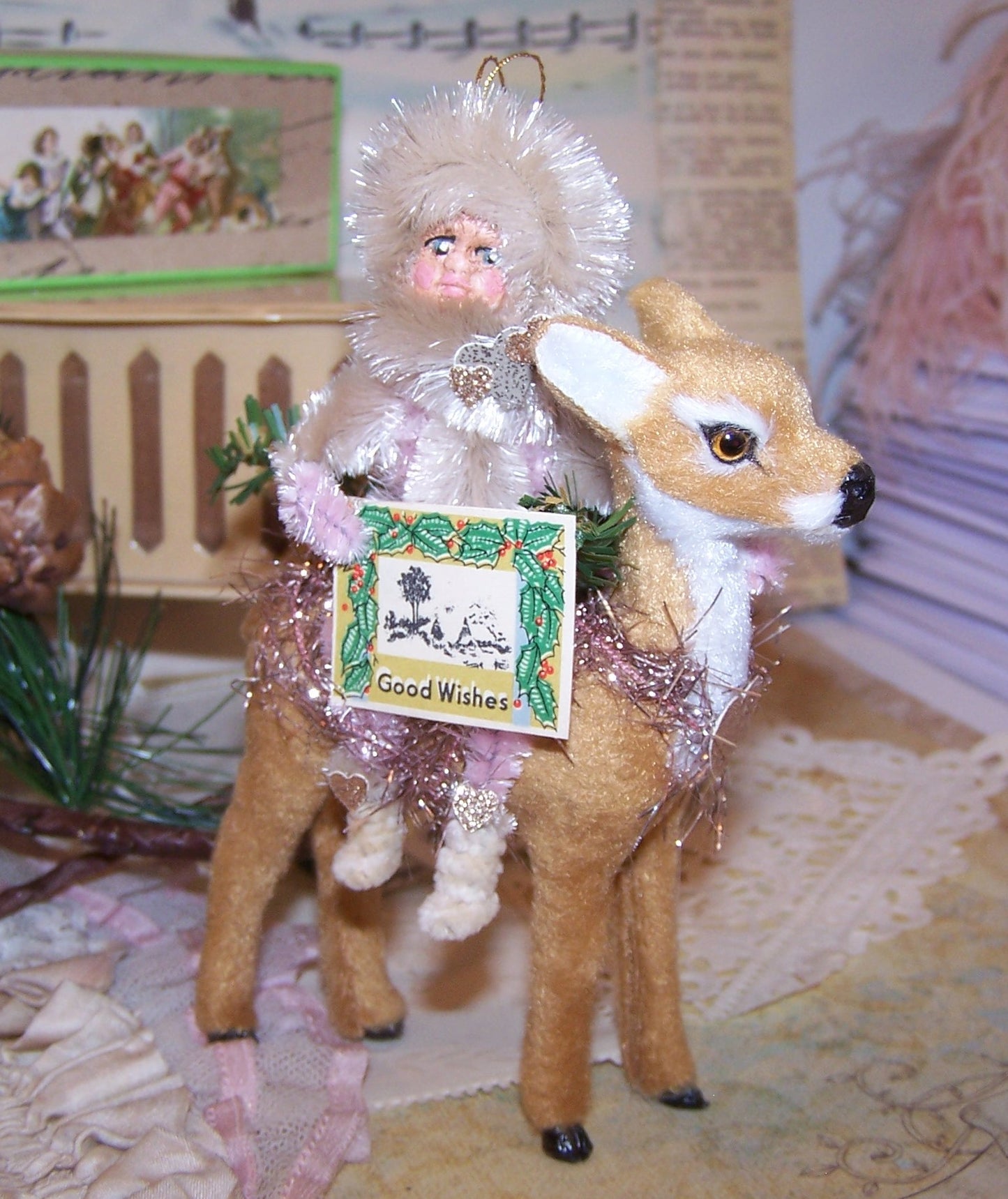 OOAK Chenille Christmas Ornament | Little Girl Sitting on Reindeer - Good Wishes