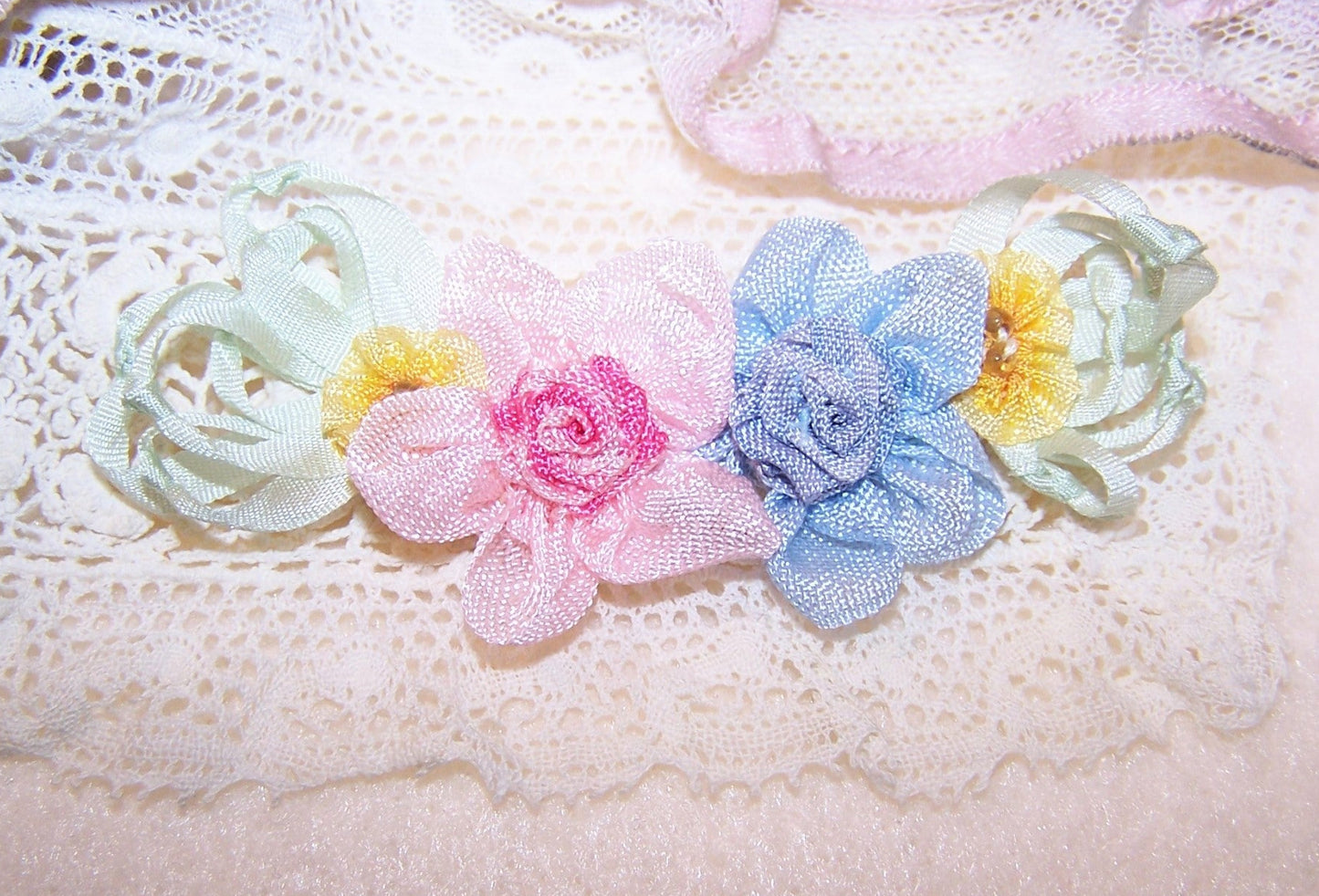 Revival French Ribbonwork Spray Applique - Pink & Light Blue Roses