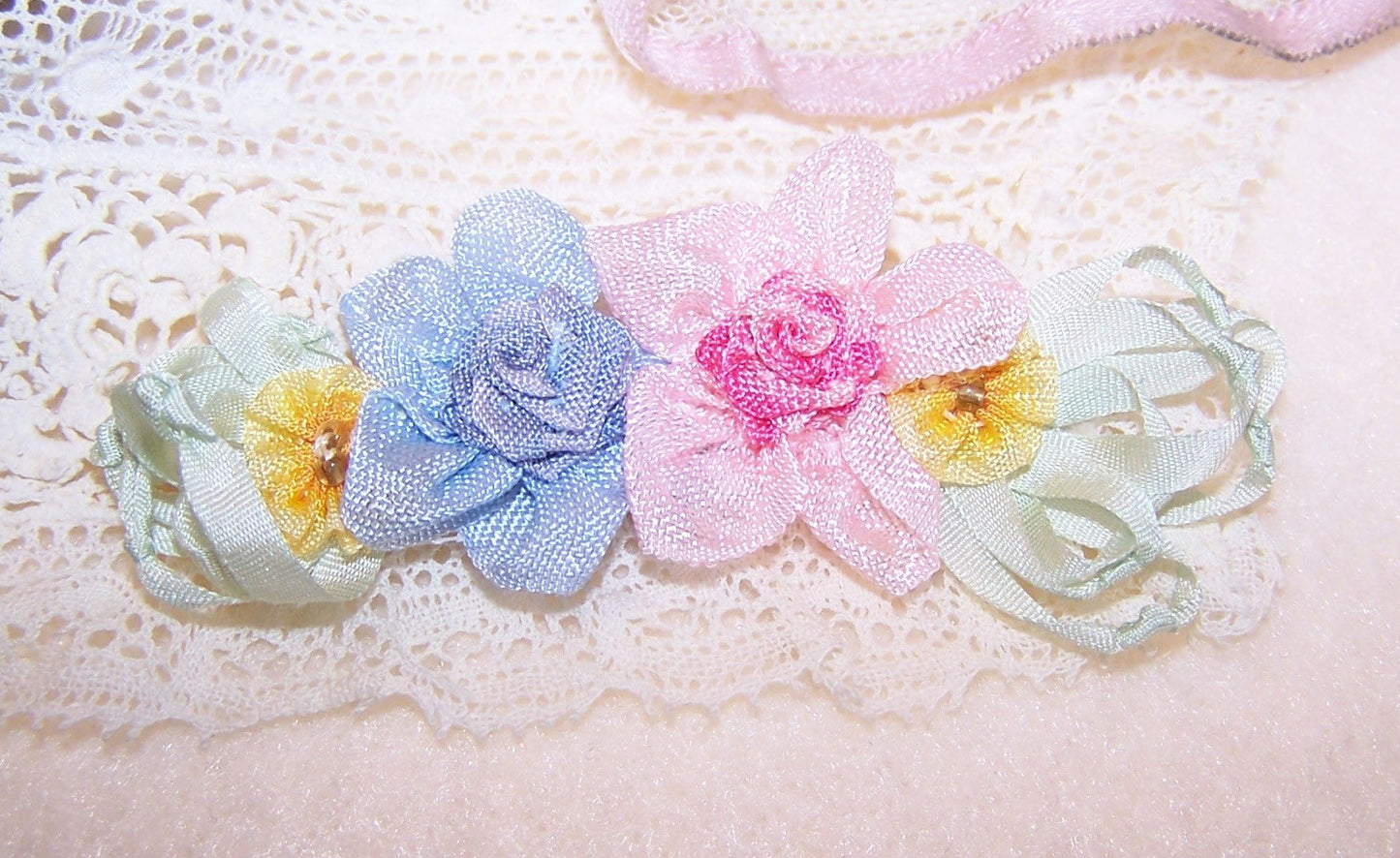 Revival French Ribbonwork Spray Applique - Pink & Light Blue Roses