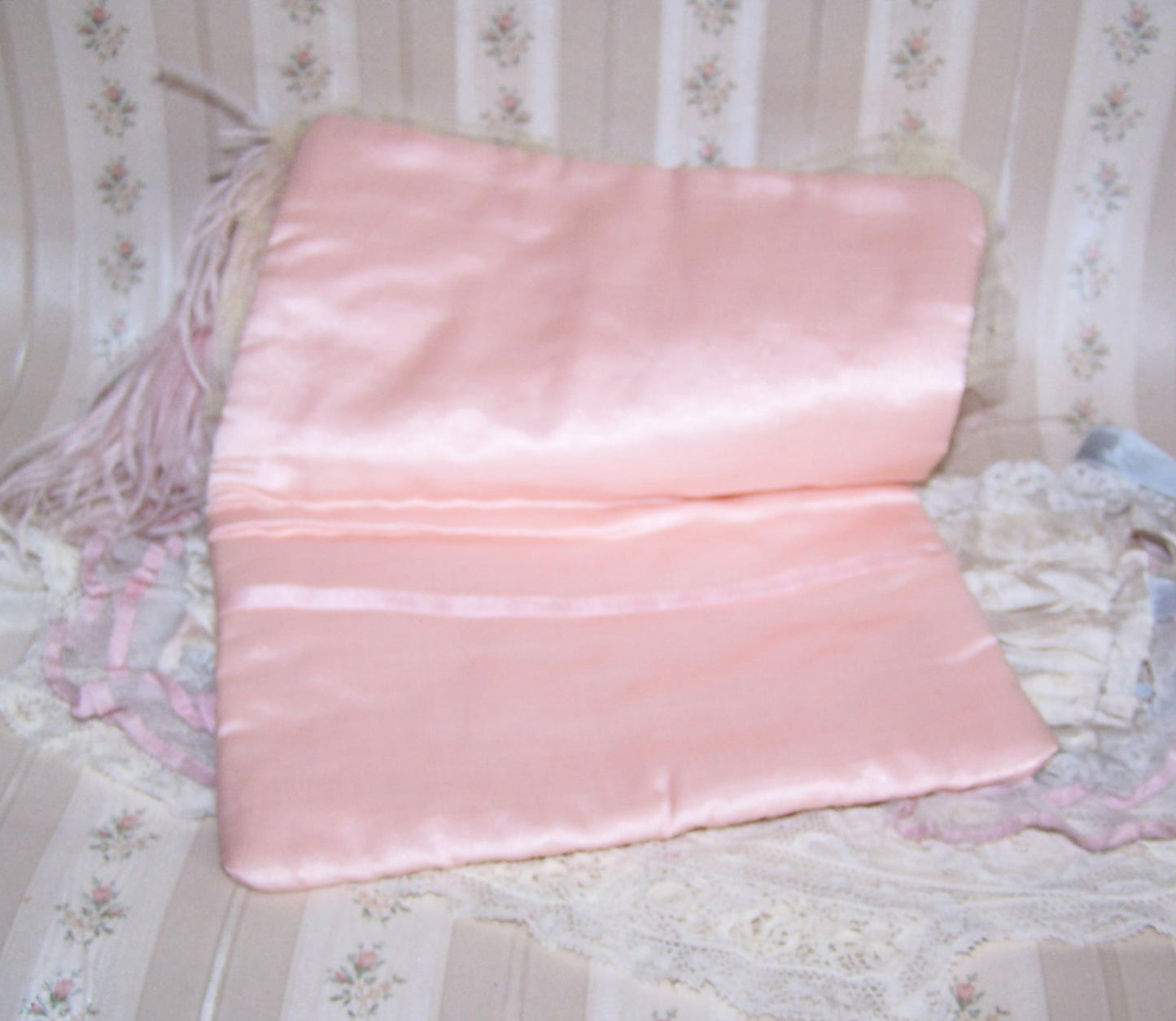 Art Deco Hanky Holder - Peach Satin, Lace and Petit Point Embroidery