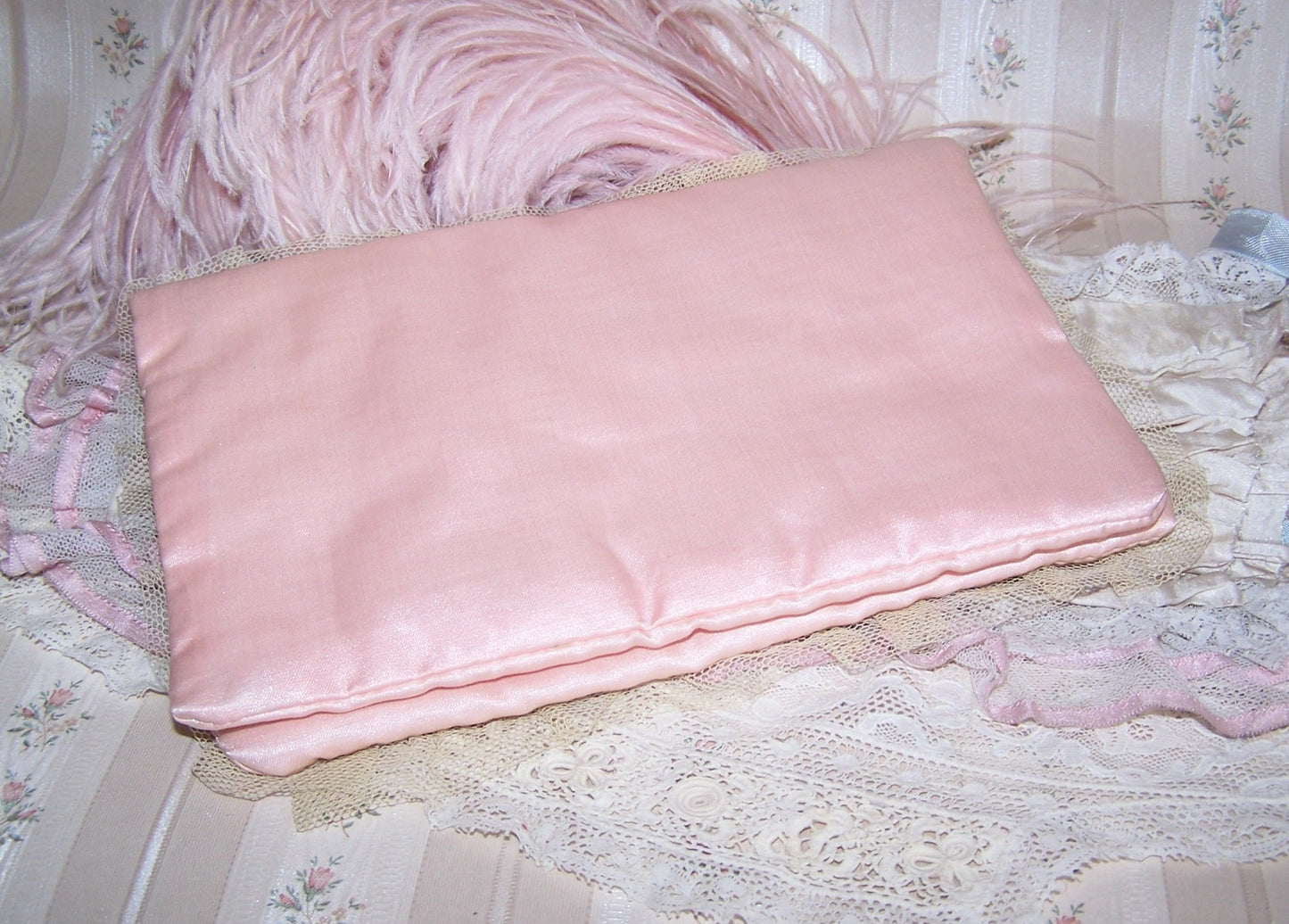 Art Deco Hanky Holder - Peach Satin, Lace and Petit Point Embroidery