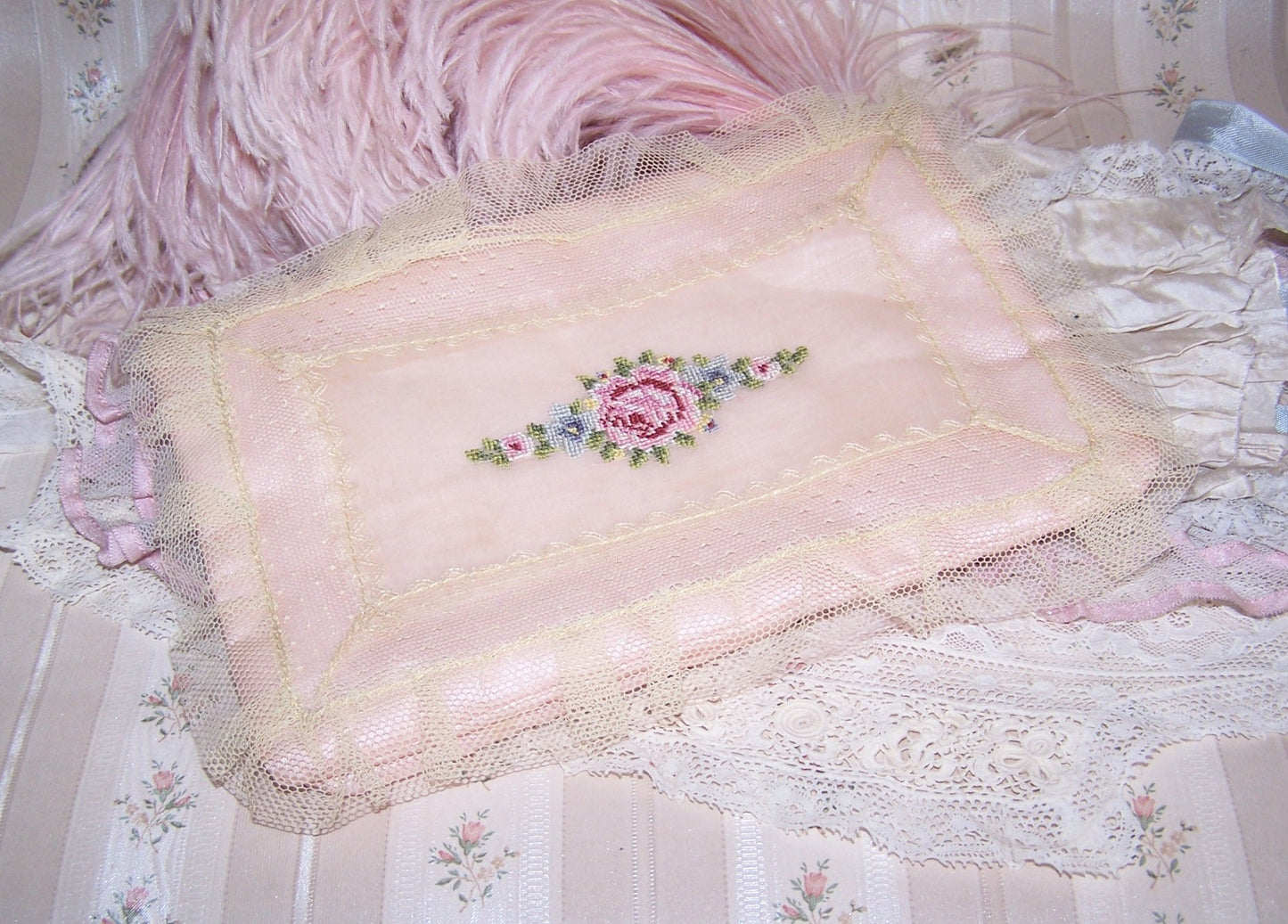 Art Deco Hanky Holder - Peach Satin, Lace and Petit Point Embroidery