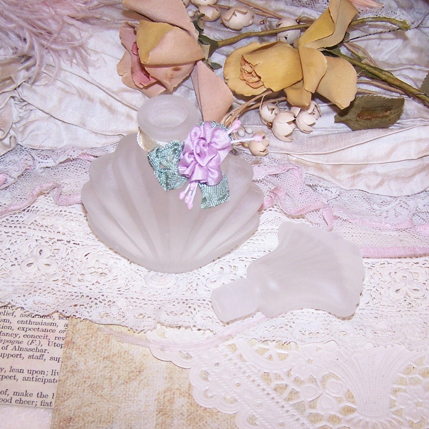 Frosted Glass Perfume Bottle with Revival French Ribbonwork Accent