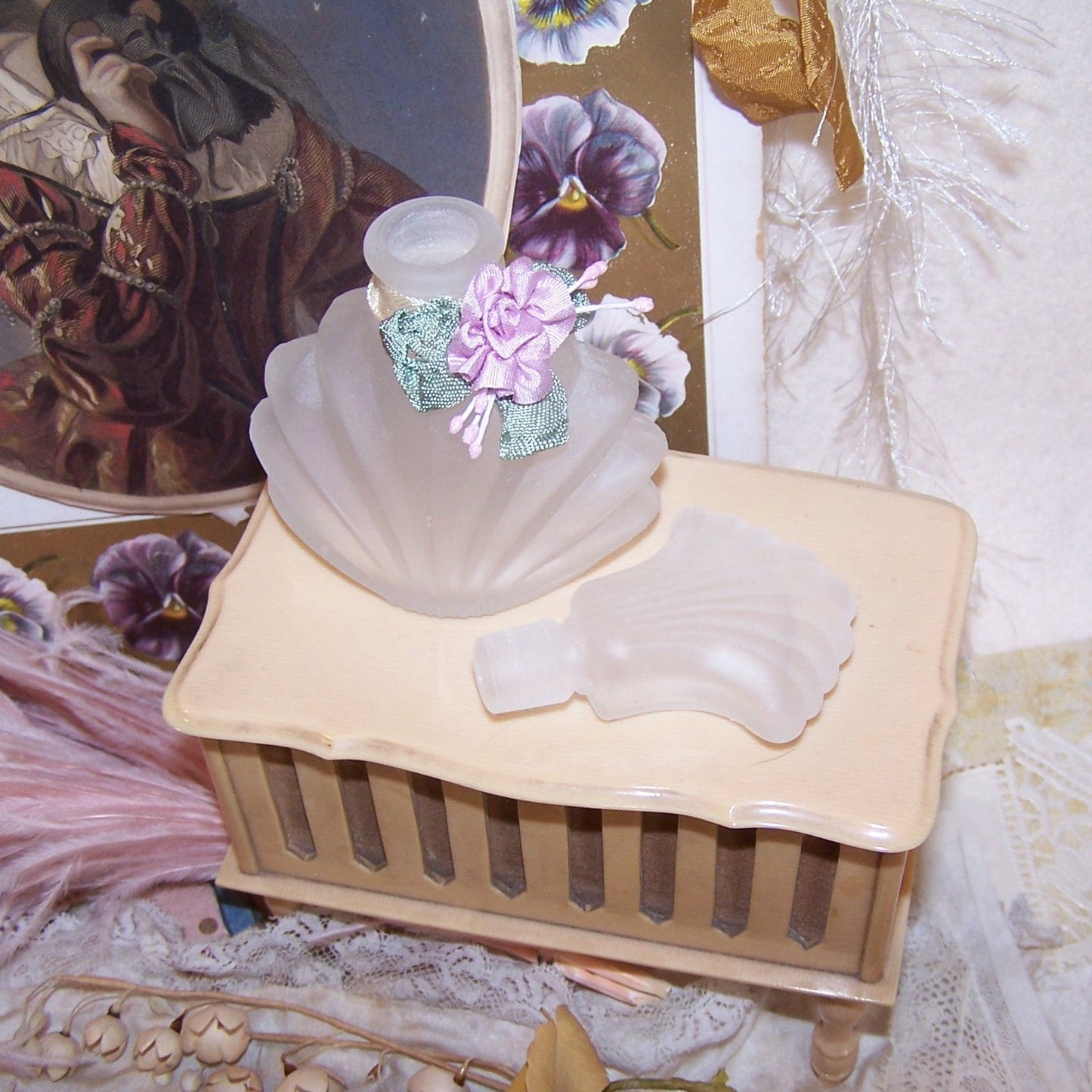 Frosted Glass Perfume Bottle with Revival French Ribbonwork Accent