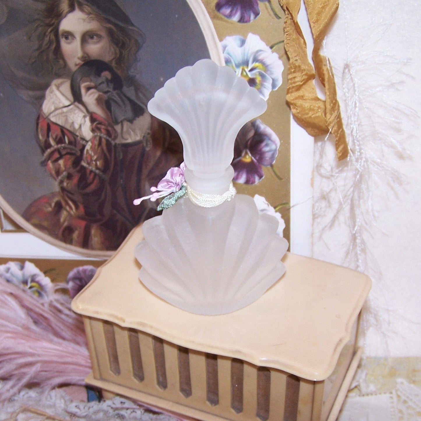 Frosted Glass Perfume Bottle with Revival French Ribbonwork Accent