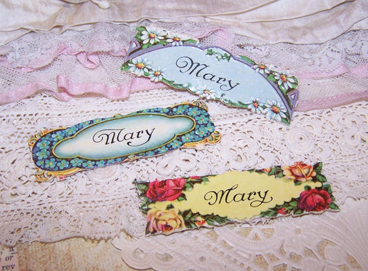 3 Antique Victorian Die Cut Name Tags - Mary | Lots of Florals