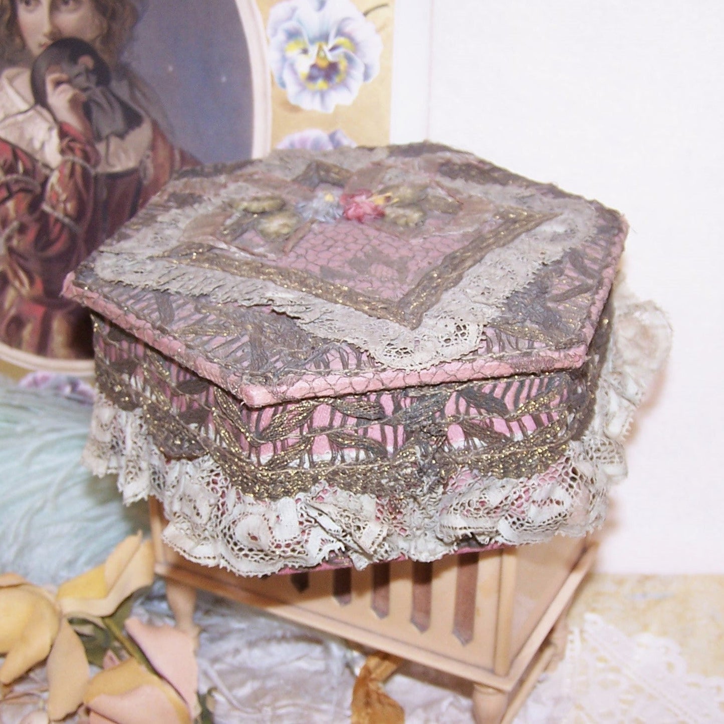 Antique French Ribbonwork Boudoir Box - Mauve, Gold Lace & Rococo Ribbon Trim