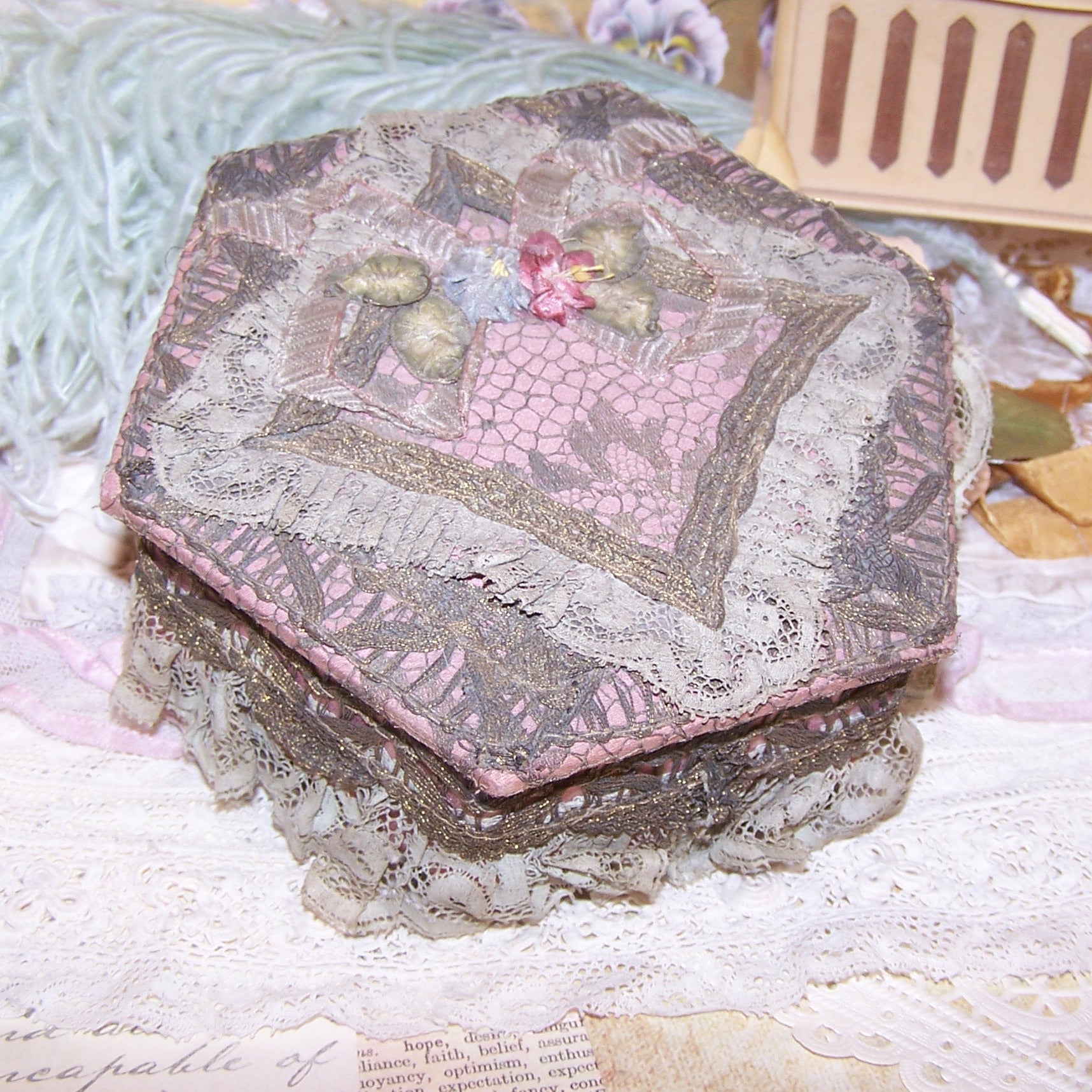 French Art Deco Boudoir Box - Trinket Box. Pinky-mauve fabric covered in gold lace, embellished with rococo ribbon roses and trim. Inside mirror with age.