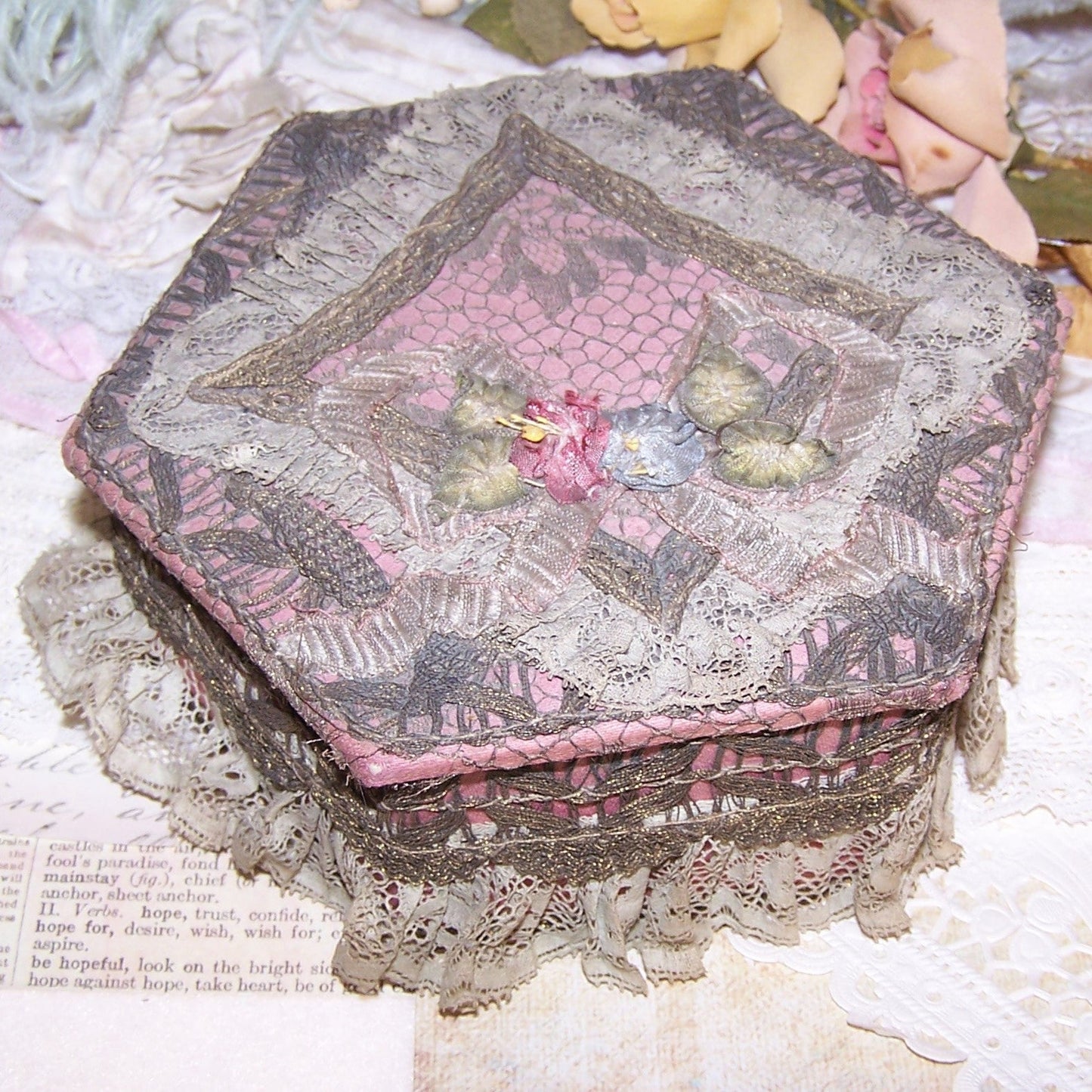 Antique French Ribbonwork Boudoir Box - Mauve, Gold Lace & Rococo Ribbon Trim