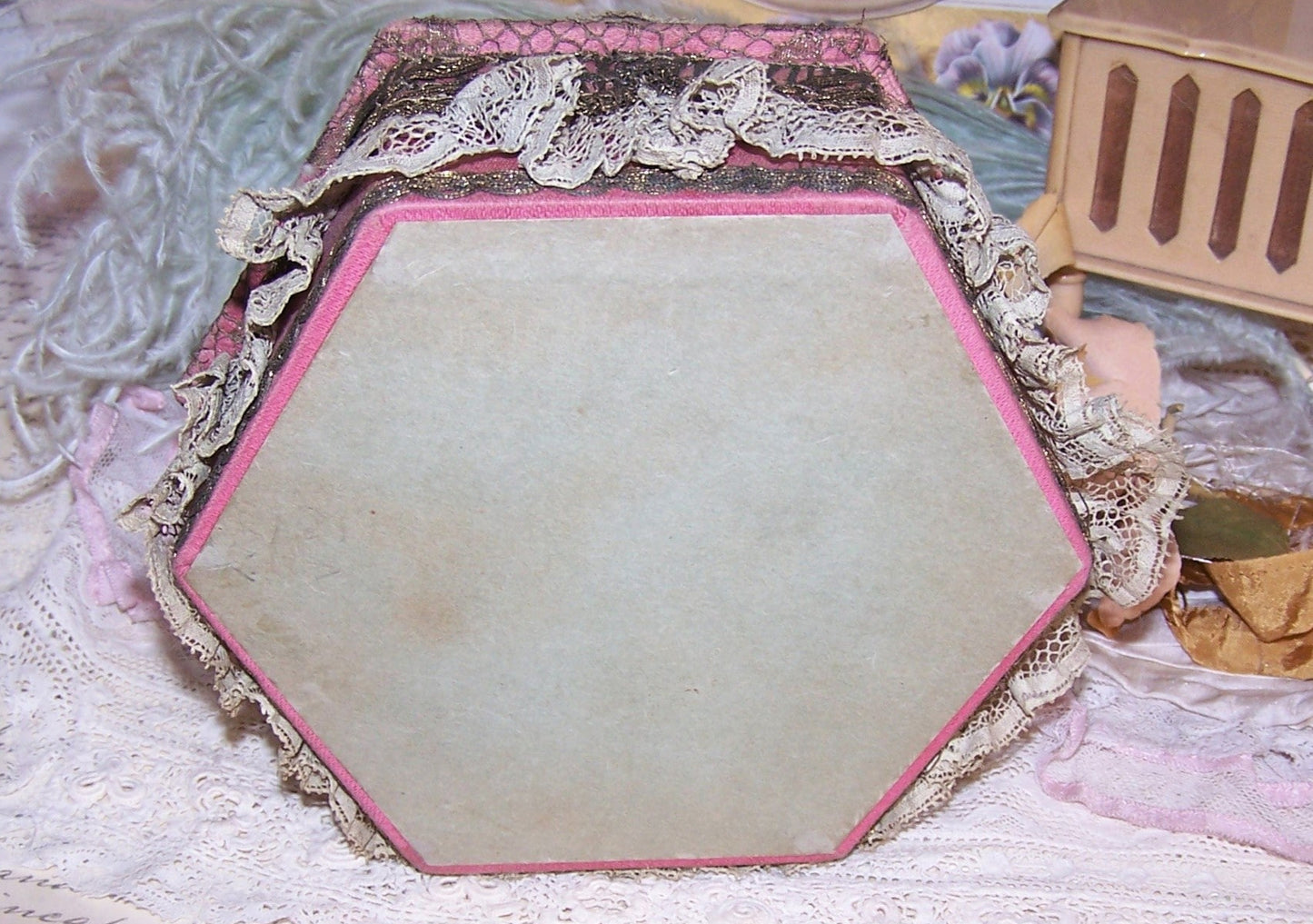 Antique French Ribbonwork Boudoir Box - Mauve, Gold Lace & Rococo Ribbon Trim