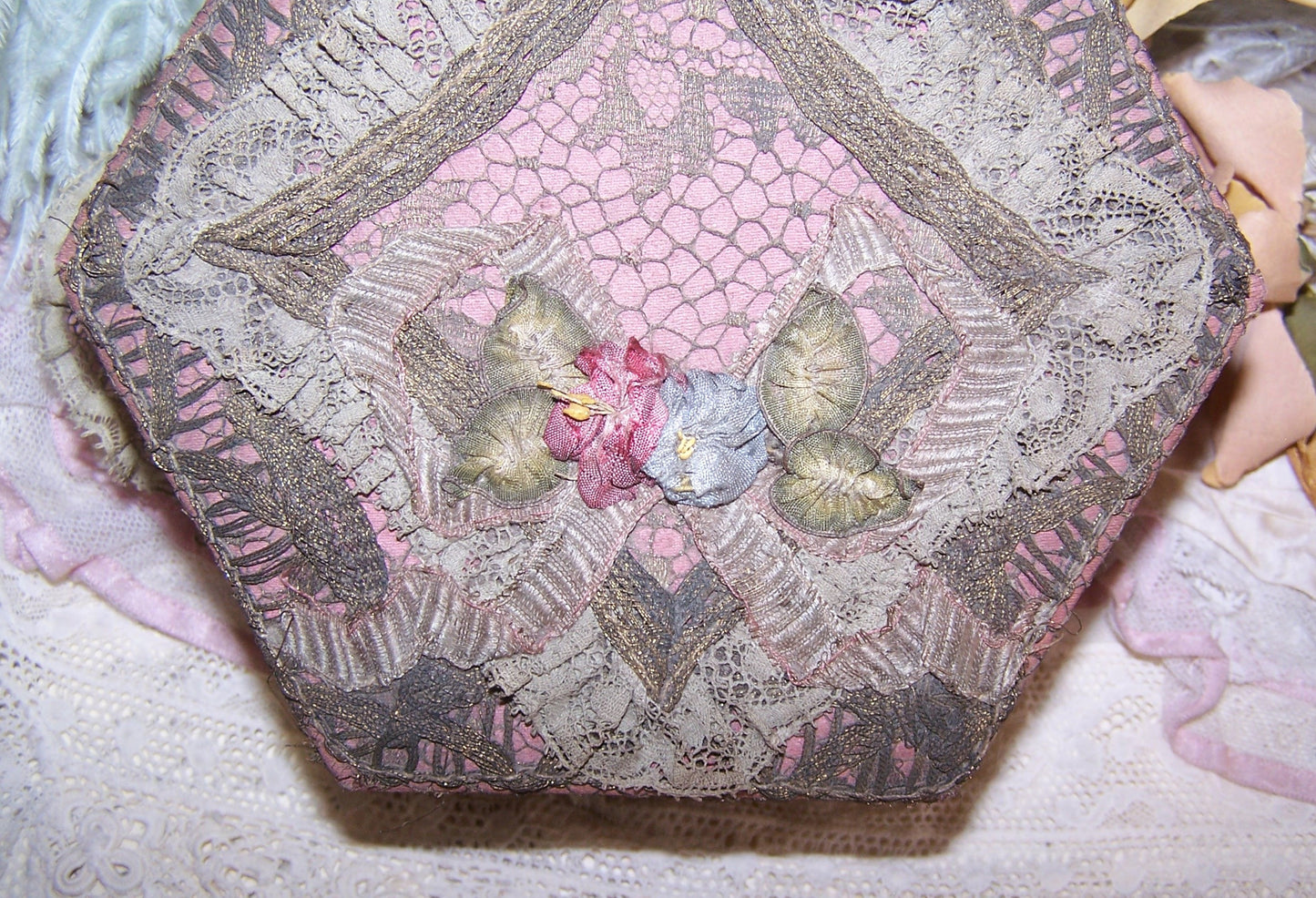 Antique French Ribbonwork Boudoir Box - Mauve, Gold Lace & Rococo Ribbon Trim
