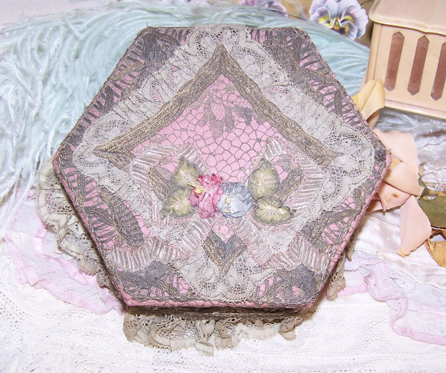 Antique French Ribbonwork Boudoir Box - Mauve, Gold Lace & Rococo Ribbon Trim