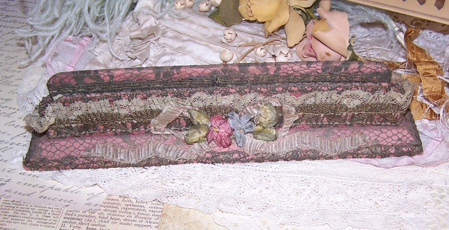 Antique French Ribbonwork Comb and Holder - Mauve Fabric, Gold Lace & Rococo Ribbon Trim