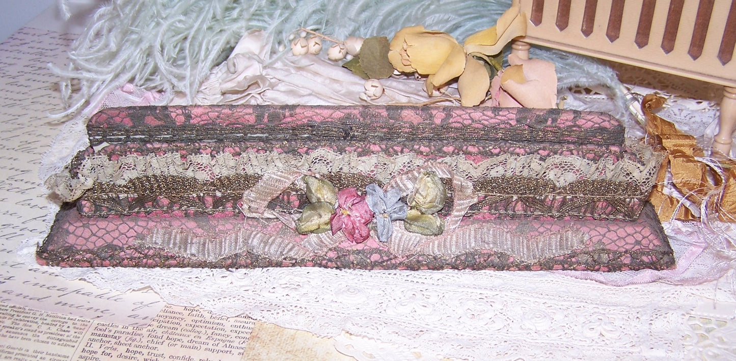 Antique French Ribbonwork Comb and Holder - Mauve Fabric, Gold Lace & Rococo Ribbon Trim