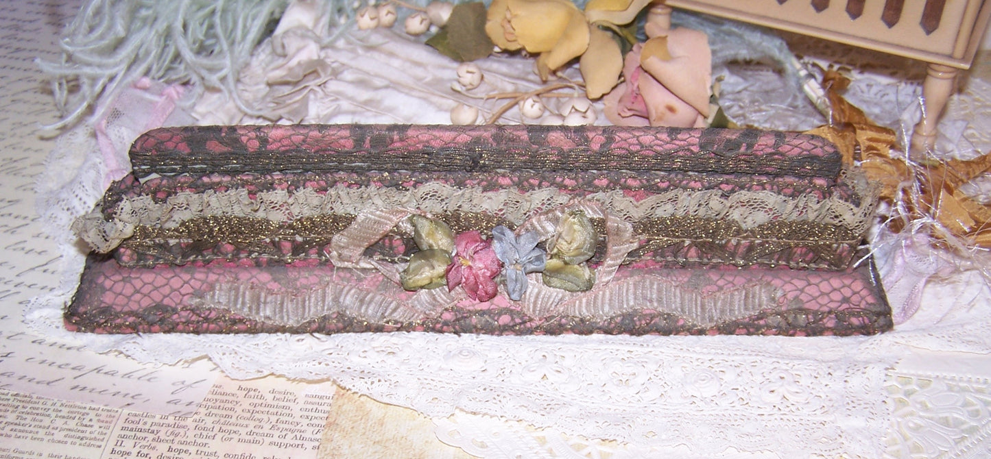 Antique French Ribbonwork Comb and Holder - Mauve Fabric, Gold Lace & Rococo Ribbon Trim