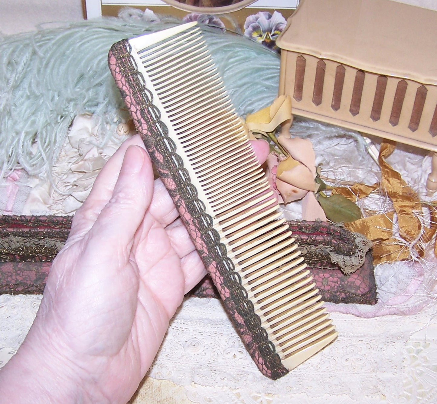 Antique French Ribbonwork Comb and Holder - Mauve Fabric, Gold Lace & Rococo Ribbon Trim