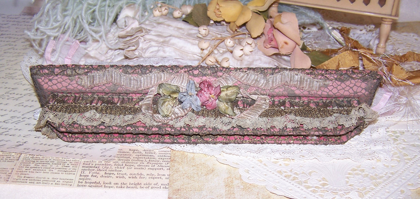 Antique French Ribbonwork Comb and Holder - Mauve Fabric, Gold Lace & Rococo Ribbon Trim
