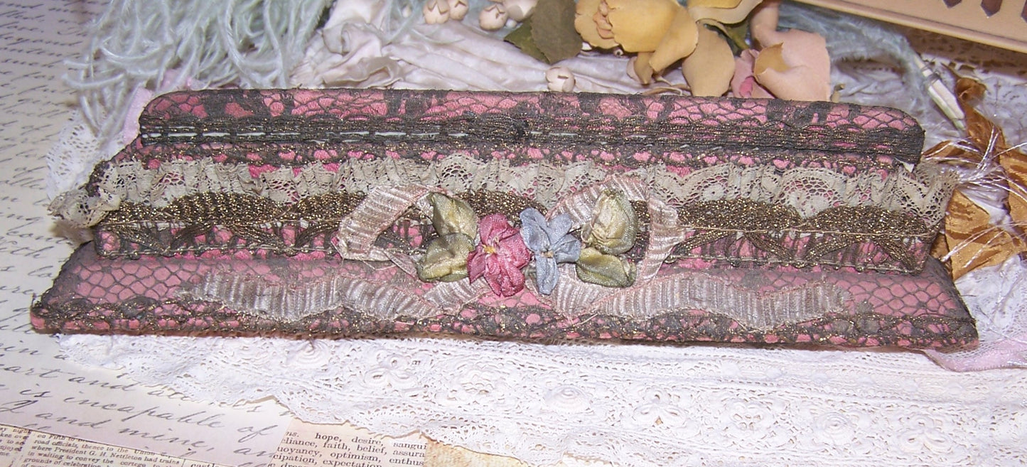 Antique French Ribbonwork Comb and Holder - Mauve Fabric, Gold Lace & Rococo Ribbon Trim