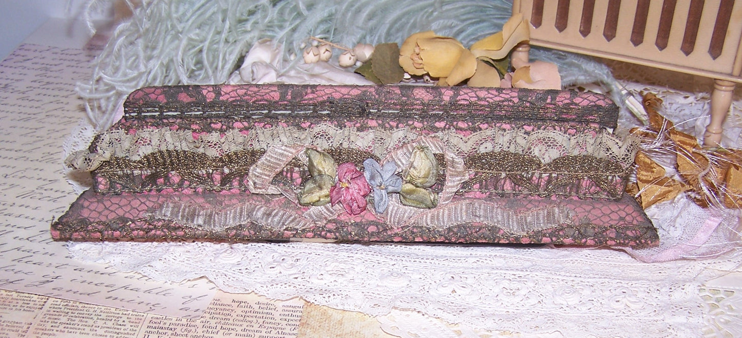 Antique French Ribbonwork Comb and Holder - Mauve Fabric, Gold Lace & Rococo Ribbon Trim