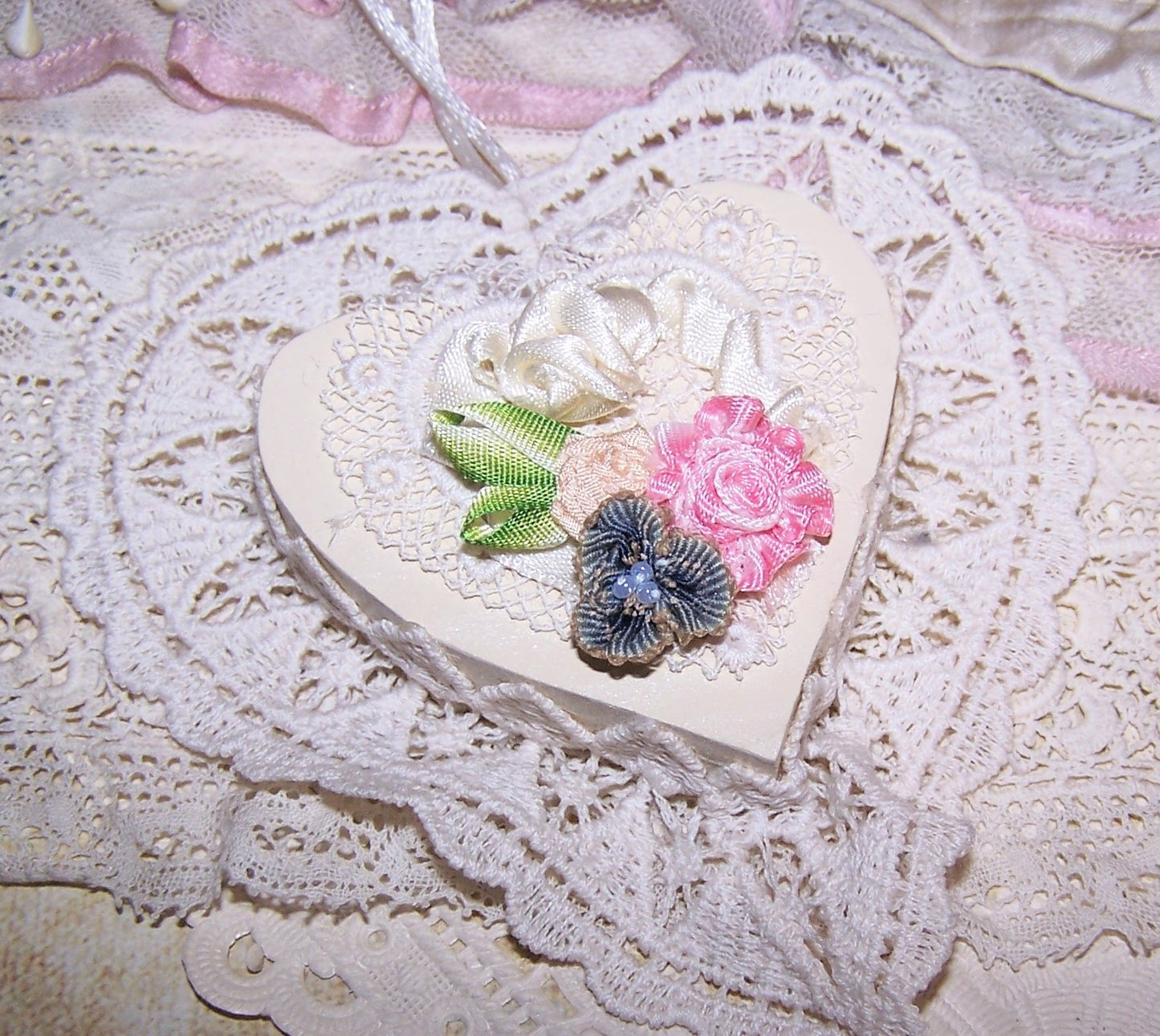 Art Deco French Ribbonwork applique of 3 roses - one of blue ombre cotton, one of cream silk and one of pink ombre rayon.  Lime green ombre loopy leaves.